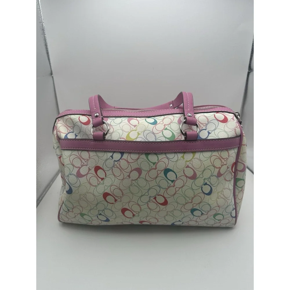 Coach Signature Multicolor Logo Satchel Top Handle Bag Zip Pink Trim Gold HW